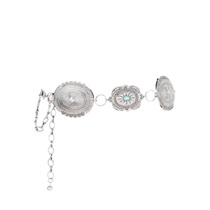 Silver western chain belt with engraved medallion links and turquoise accents for waist or hip styling