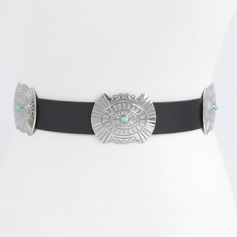 Black western concho belt with silver metal plates and turquoise stone detail for styling over dresses or denim