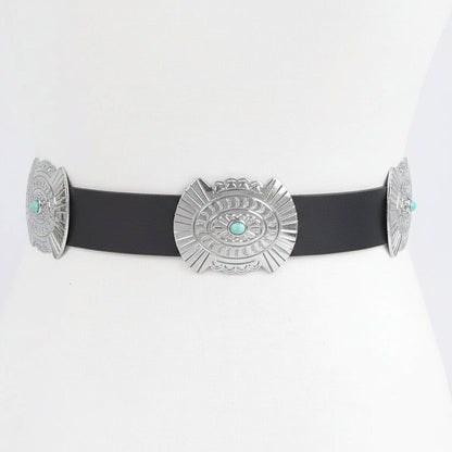 Black western concho belt with silver metal plates and turquoise stone detail for styling over dresses or denim