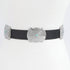 Black western concho belt with silver metal plates and turquoise stone detail for styling over dresses or denim