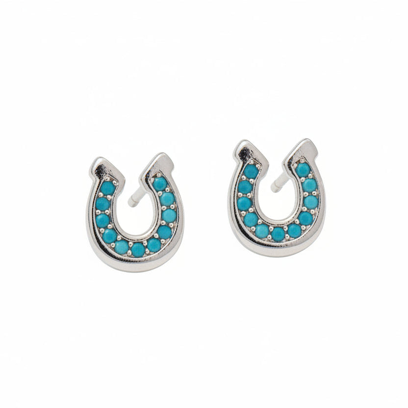 Silver horseshoe stud earrings with turquoise stones, Western cowgirl lucky horseshoe earrings