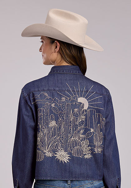 Women’s dark denim Western shirt with saguaro cactus embroidery, cropped fit, snap front, and long sleeves by Stetson