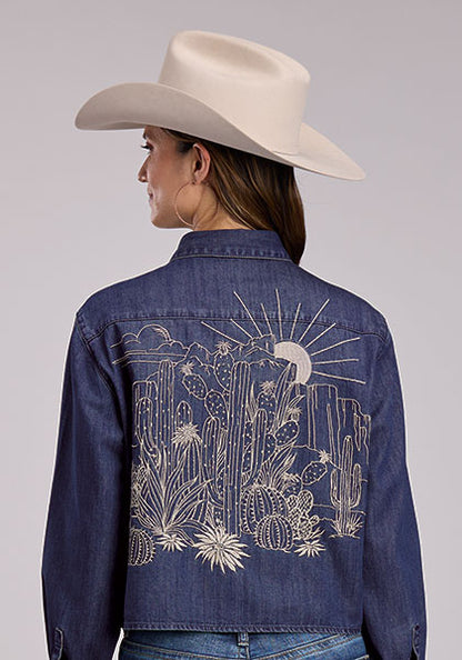 Women’s dark denim Western shirt with saguaro cactus embroidery, cropped fit, snap front, and long sleeves by Stetson