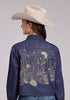Women’s dark denim Western shirt with saguaro cactus embroidery, cropped fit, snap front, and long sleeves by Stetson