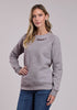 Stetson Westmark pullover women’s heather grey sueded fleece crew neck sweatshirt with raglan sleeves and burgundy horseshoe embroidery at neckline