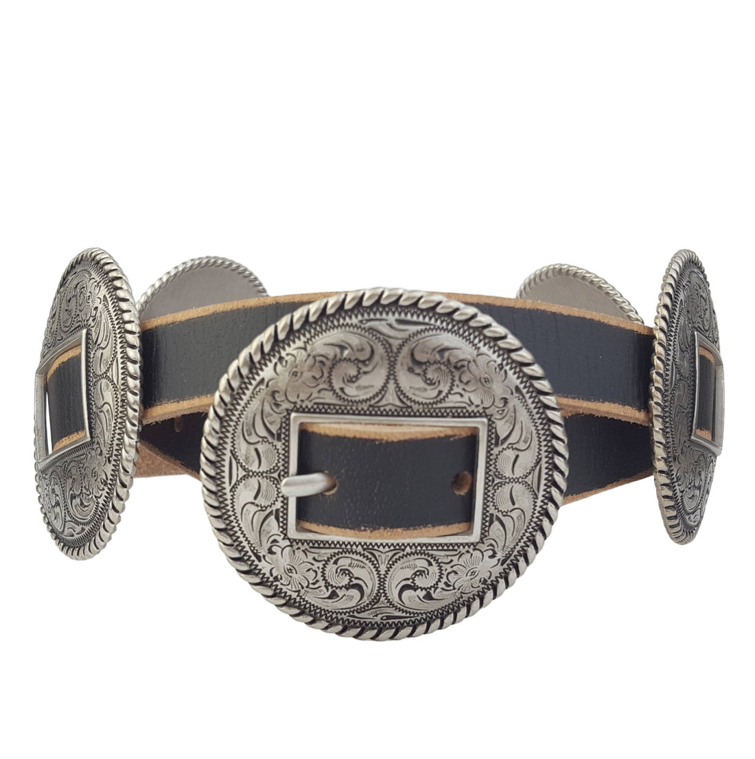 Stillwater Concho Belt with antique silver floral engraved conchos on distressed leather skinny belt