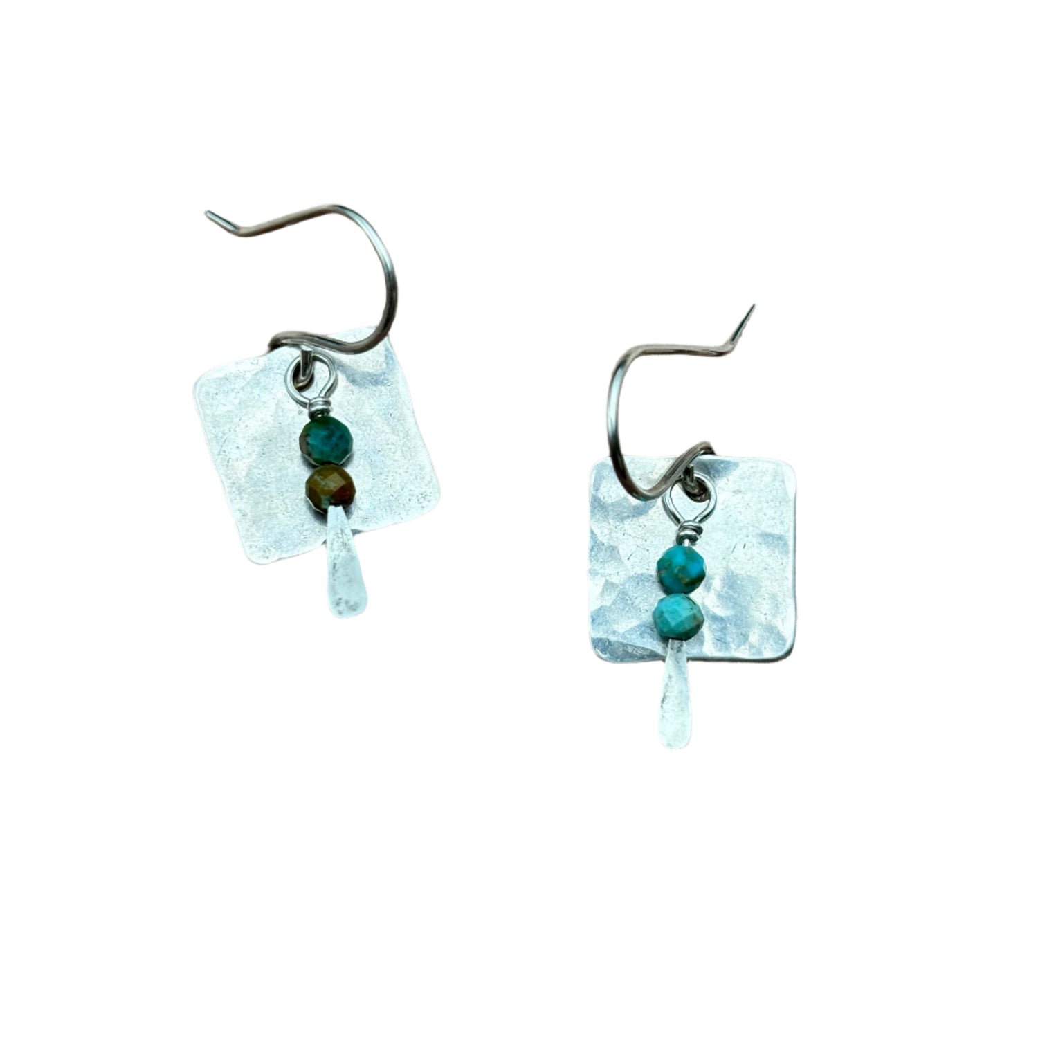 Handmade Sundance Earrings featuring hammered sterling silver-plated square pendants with turquoise, garnet, or jade stones, hanging from hypoallergenic sterling silver ear wires.