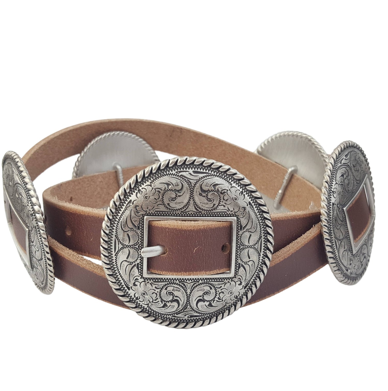 The Bridlewood Belt with antique silver engraved conchos on brown distressed leather skinny belt