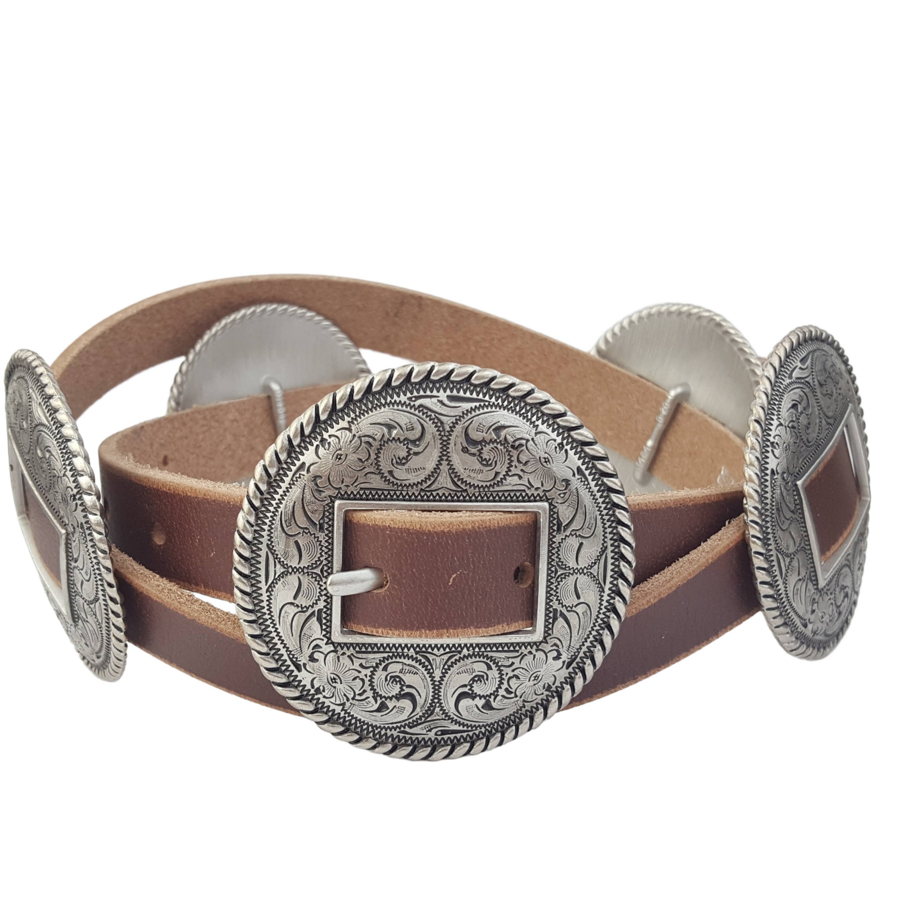 The Bridlewood Belt with antique silver engraved conchos on brown distressed leather skinny belt