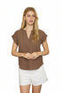 Brown textured blouse with split neckline, short sleeves, and lace detail accents