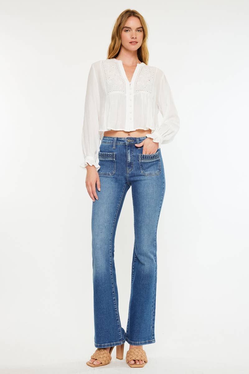 Women’s high rise flare jeans in medium wash with stretch denim, clean finish and flattering silhouette