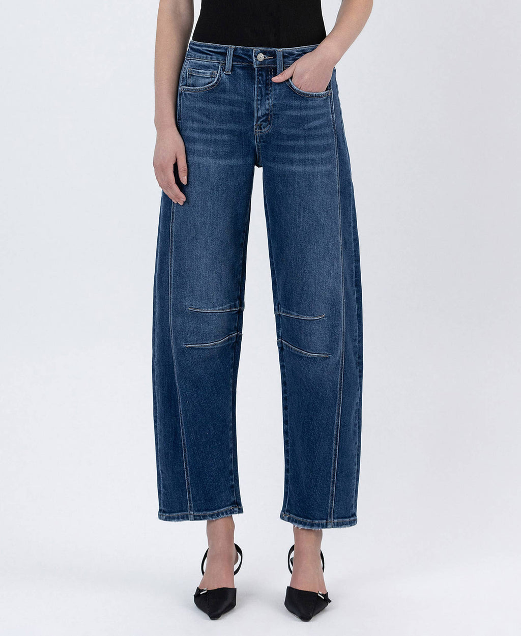 Trailblazer Barrel Jeans – High-rise barrel-leg jeans with comfort stretch denim, seam detailing, cropped length, and a finished hem. Designed for a bold, structured silhouette with a 10 1/2" rise and 27 1/2" inseam.