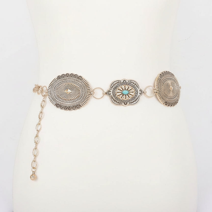 Gold western chain belt with engraved medallion links and turquoise accents for waist or hip styling