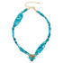 Turquoise patterned necklace with gold accents on a gray background