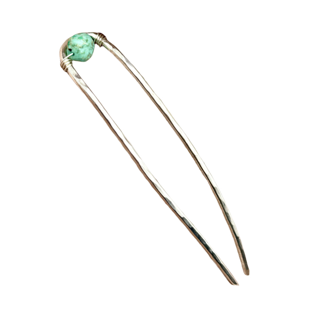 Handmade Turquoise Trail Hair Fork featuring a sterling silver-plated design with a natural turquoise nugget, perfect for securing updos with a Western touch.
