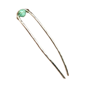 Handmade Turquoise Trail Hair Fork featuring a sterling silver-plated design with a natural turquoise nugget, perfect for securing updos with a Western touch.
