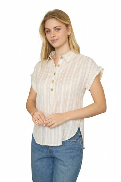 Light striped collared blouse with short sleeves, half button front, and relaxed fit