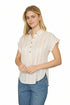 Light striped collared blouse with short sleeves, half button front, and relaxed fit