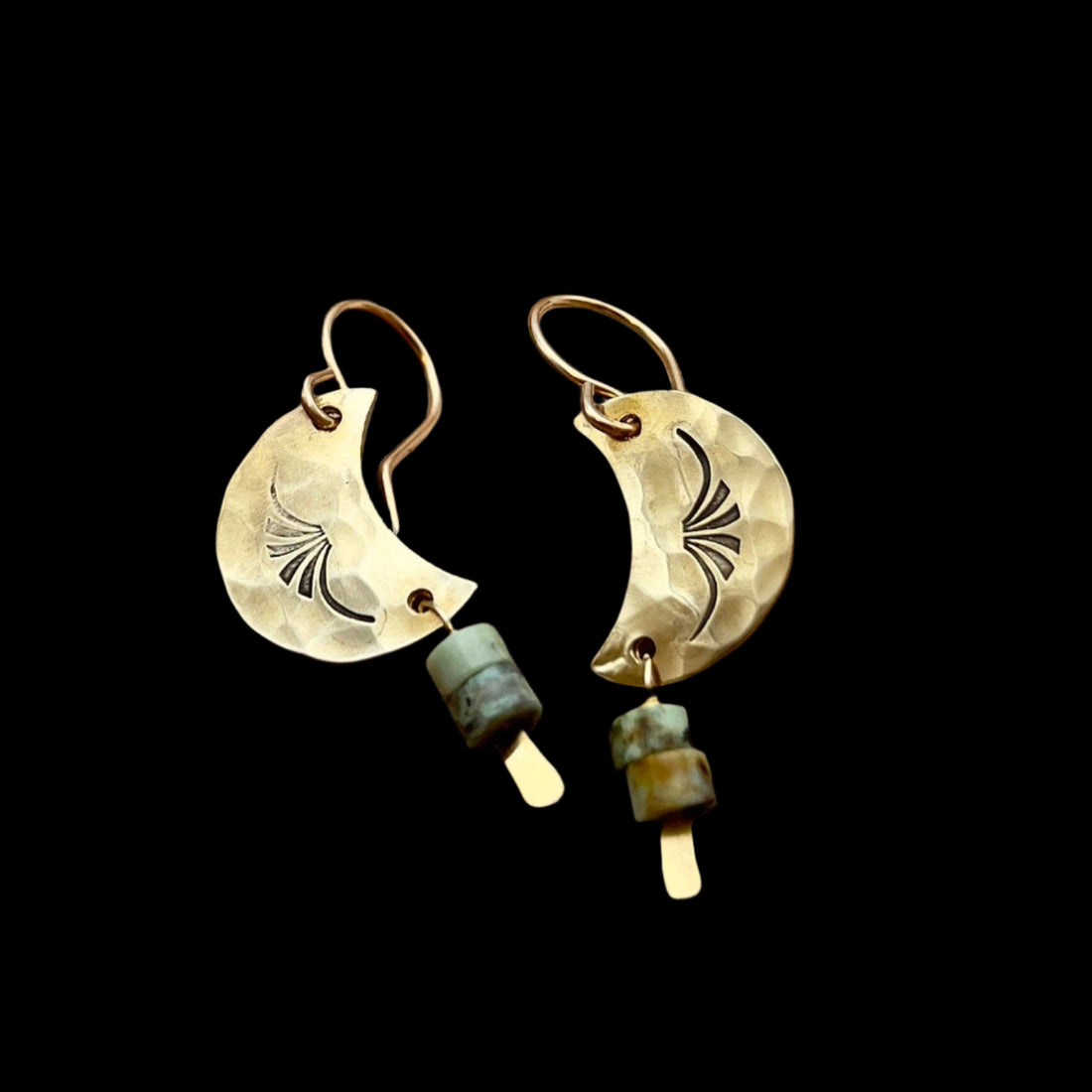 Handmade Western Moon Earrings featuring stamped and textured brass crescents with turquoise chip beads, hanging from hypoallergenic 14k gold-filled ear wires.