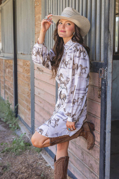 Women’s western horse print long sleeve shirt dress in sand with collared neckline and button front
