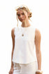 White ribbed sleeveless knit tank top with round neckline and back button split detail