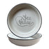 Ceramic pet bowl set with embossed yee haw rope design, shallow dog bowls with black rim on blue placemat, western style feeding set