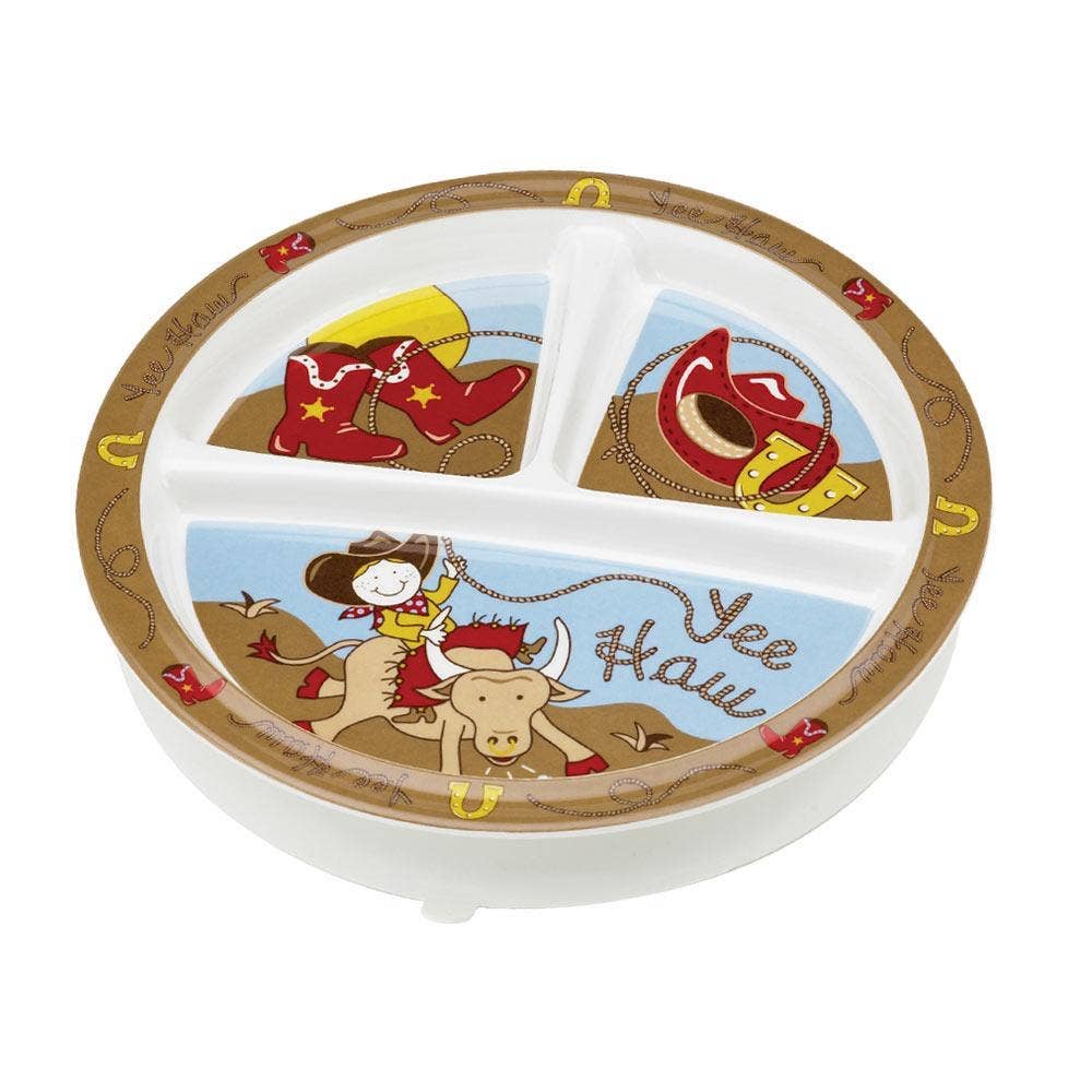 Western kids divided suction plate with cowboy and cowgirl design, three section melamine plate with silicone base for toddlers