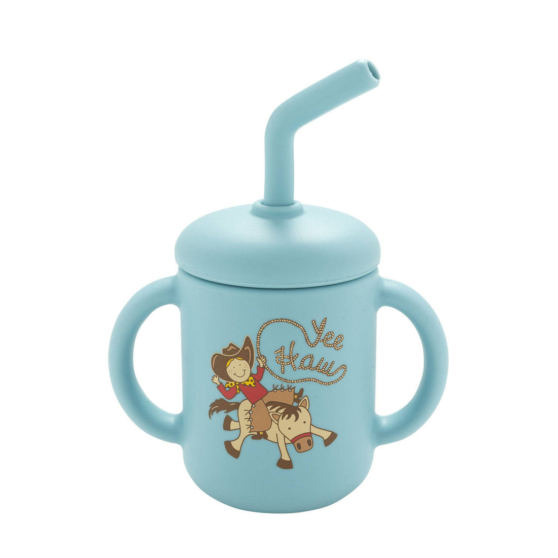 Blue silicone baby sippy cup with handles and straw, featuring western cowboy and horse “yee haw” design, 6 ounce training cup