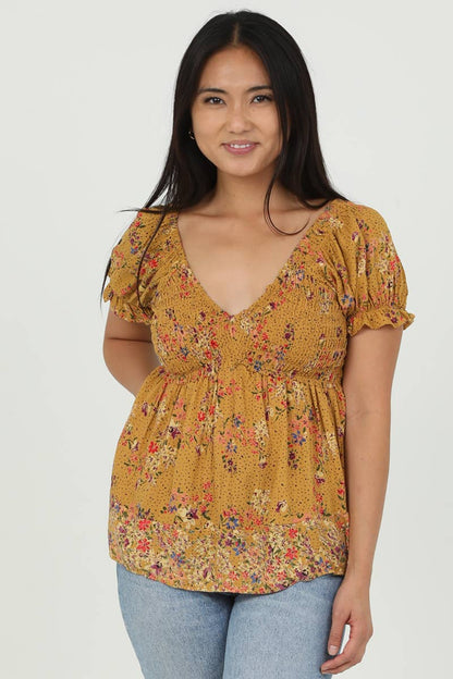 Women’s western floral smocked bodice puff sleeve blouse in yellow