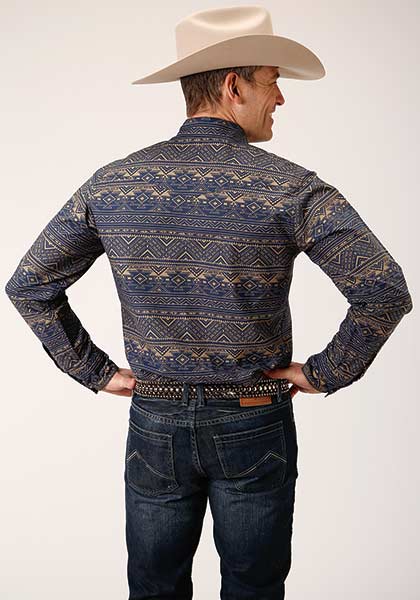 Roper Mens Navy Aztec Snap Front Shirt
