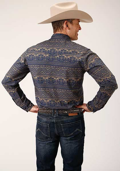 Roper Mens Navy Aztec Snap Front Shirt