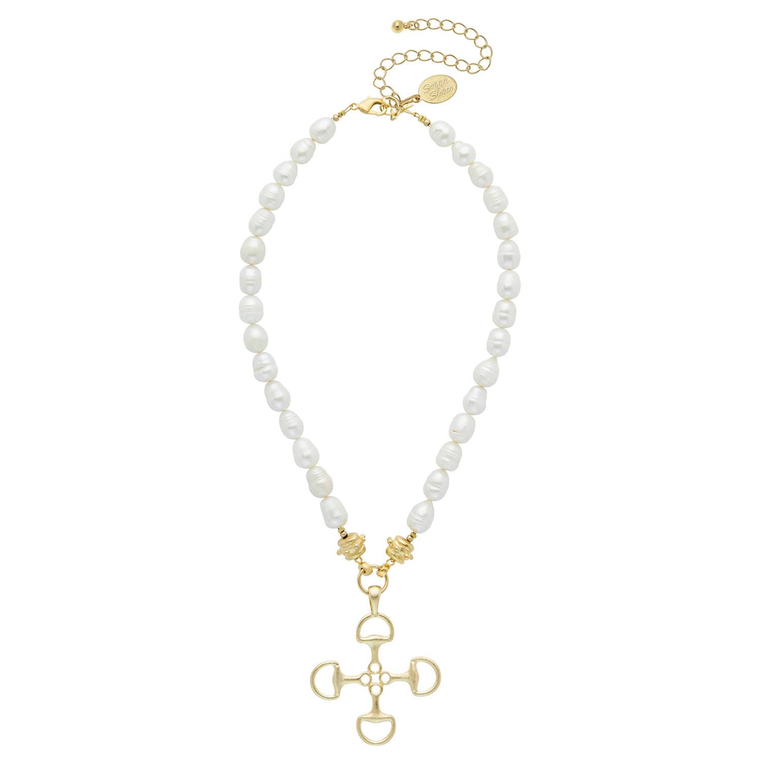 Gold Horse Bit Cross Pearl Necklace
