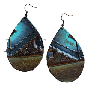 Blue Navajo Leather Teardrop Earrings, Large