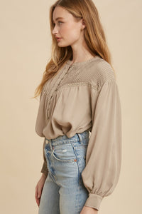 Reyna Pin Tuck Yoke Top-Beige