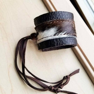 Leather Cuff w/ Adjustable Leather Tie-Brown & White Hide
