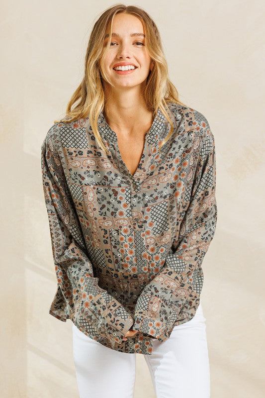 V-Neck Front Button Down Blouse Top