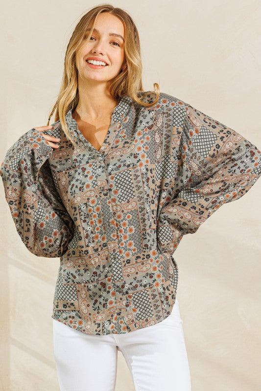 V-Neck Front Button Down Blouse Top