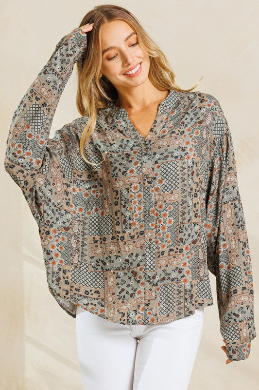 V-Neck Front Button Down Blouse Top