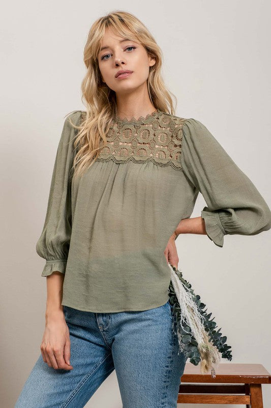 Lace Contrast Woven Top