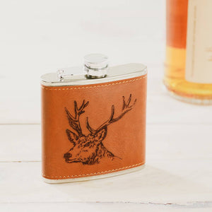 Stag Engraved Leather Wrapped Hipflask