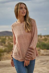 Diamond Print Contrast Detail Long Sleeve Top