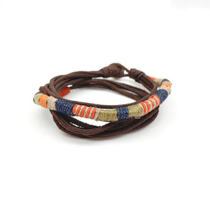 Aadi Bracelet - Brown Suede and Orange/Blue/Tan Twine