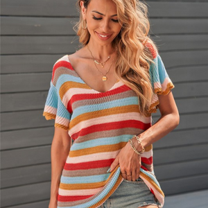 Multi-color Striped Ruffle Short Sleeve Knit Top Yellow