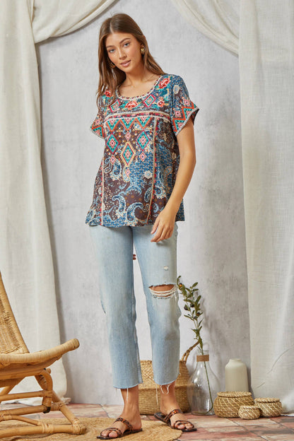 Braelyn Aztec Embroidery Top