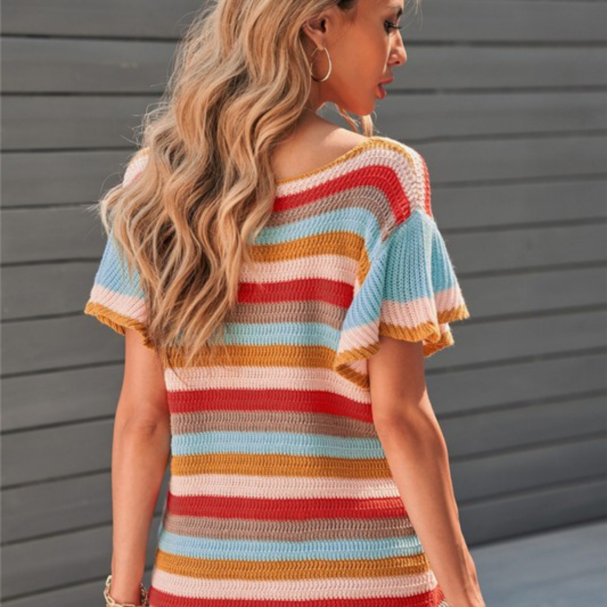 Multi-color Striped Ruffle Short Sleeve Knit Top Yellow