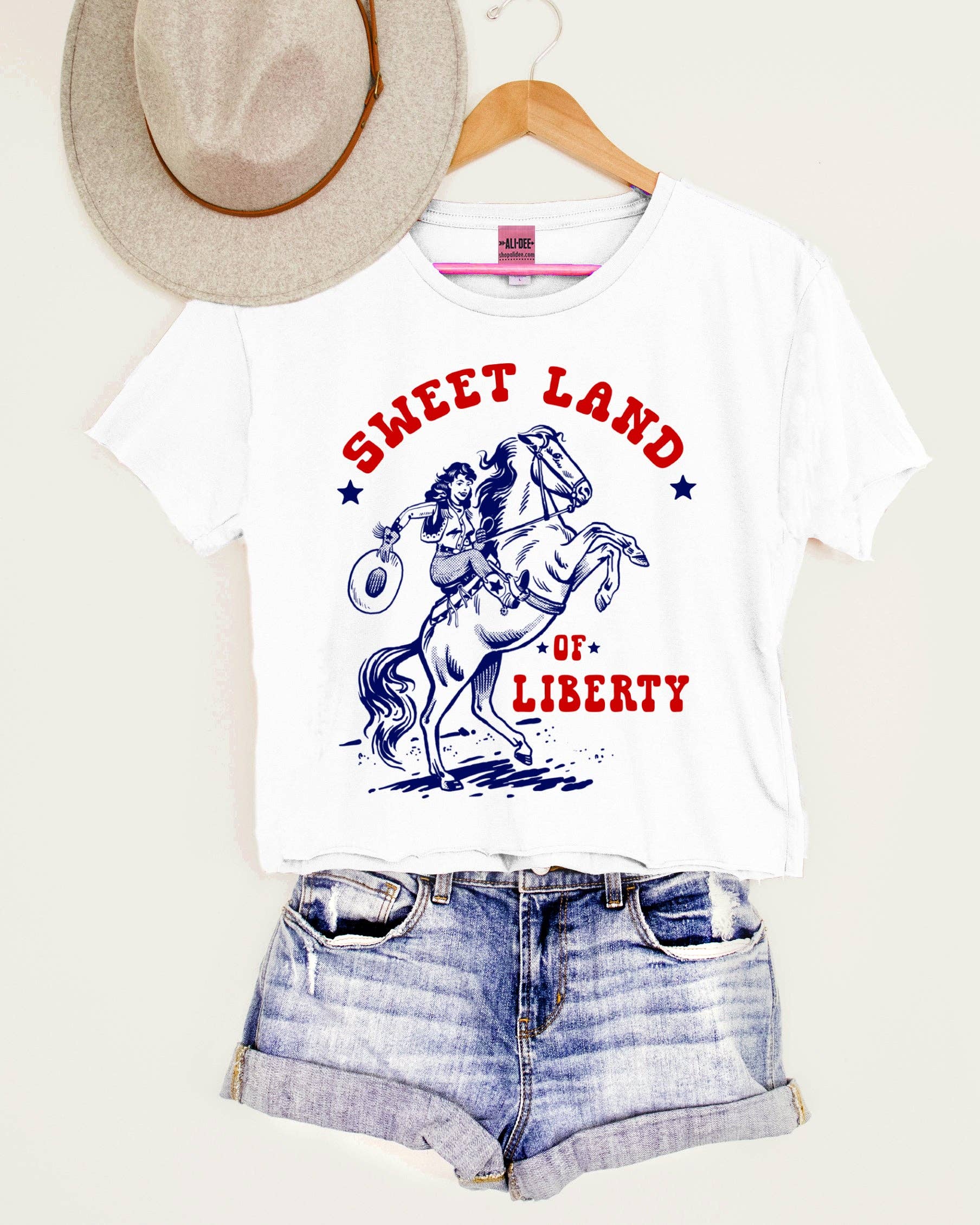 Sweet Land of Liberty Western Graphic Crop Tee - White