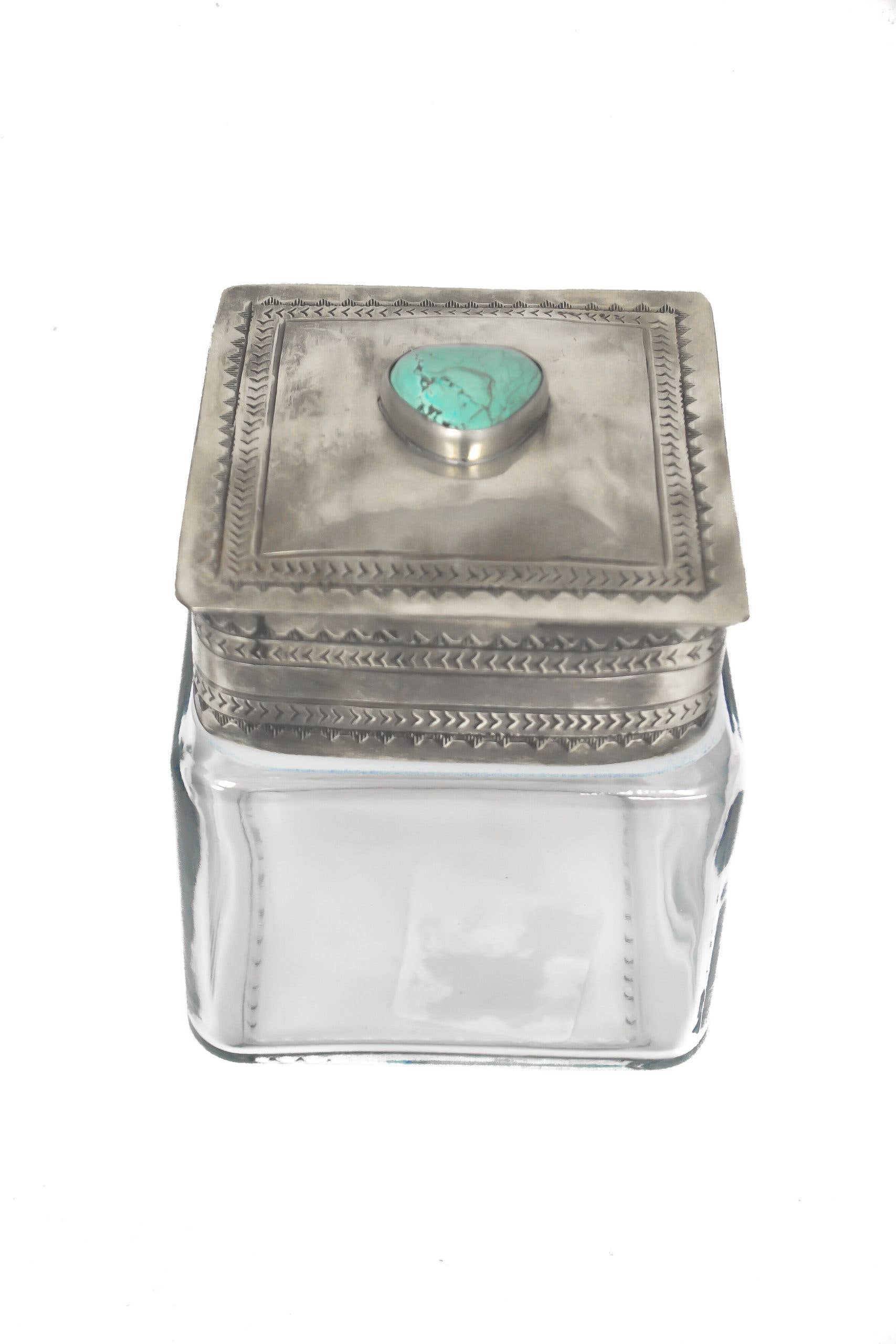 Small Glass Bottom Canister With Silver & Turquoise