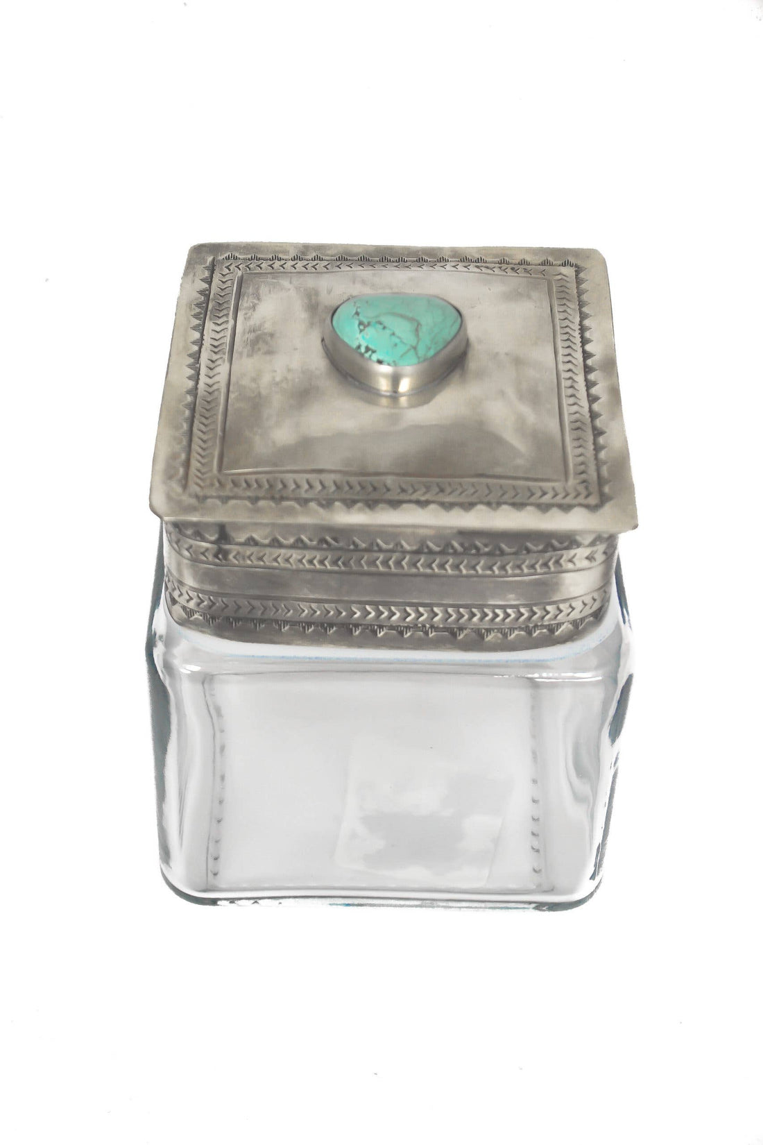 Small Glass Bottom Canister With Silver &amp; Turquoise