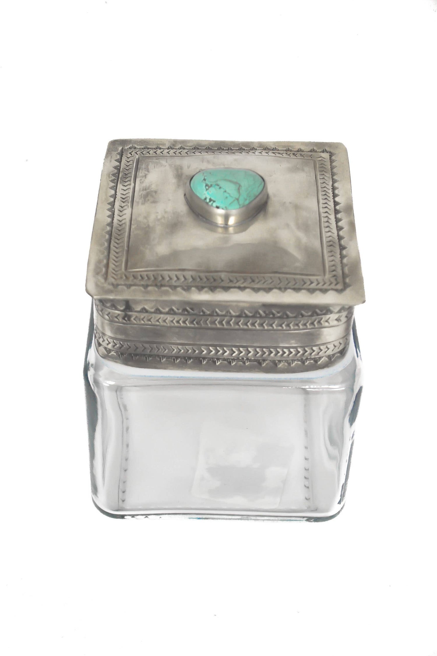 Small Glass Bottom Canister With Silver &amp; Turquoise