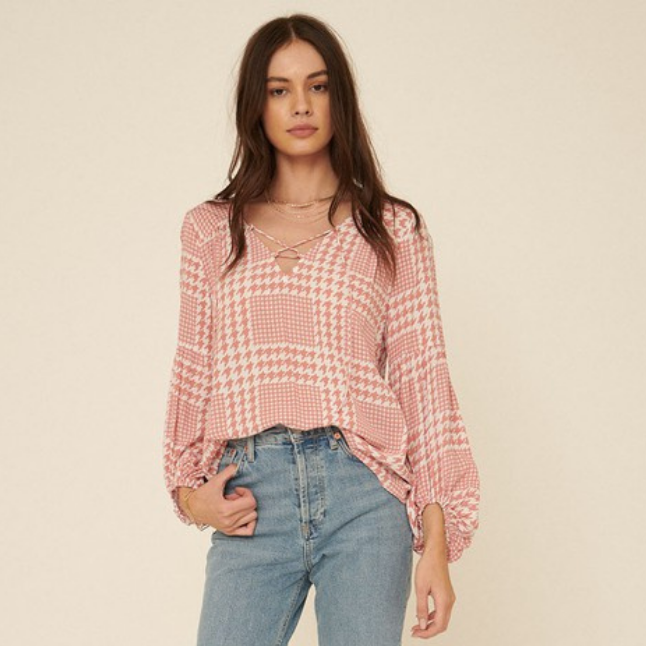 Houndstooth Long Sleeve Top 